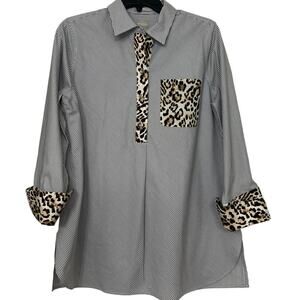 Chico’s No Iron Coolmax Striped Tunic Pop Over Top Leopard Trim Chic Classic M